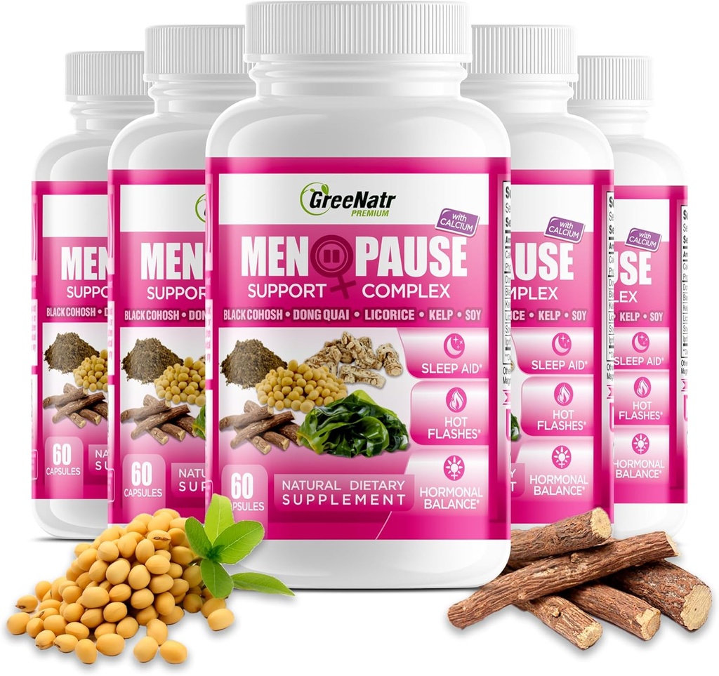 GreeNatr Herbal Εμμηνόπαυση Συγκρότημα Υποστήριξης για Hot Flashs, Night Sweats & Mood Swings Relief. Προωθεί ισορροπημένα επίπεδα ορμονών - μαύρο Cohosh, Dong Quai, ρίζα γλυκόριζας & φύλλα κελπ (6 μπουκάλια)