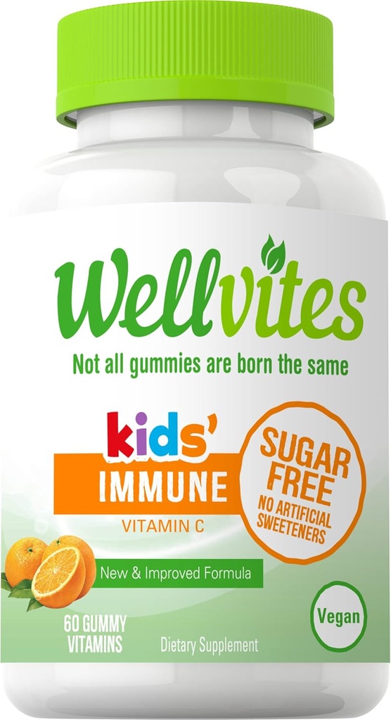 Wellvites Sugar Free Kids Immune Daily Gummy Vitamins - Vegan, Non-GMO - Çocuklar için C Gummies Immune Support, No Yapay Sweeteners, Gluten-Free, Gelatin-Free, 60 Count (30 Day Supply)