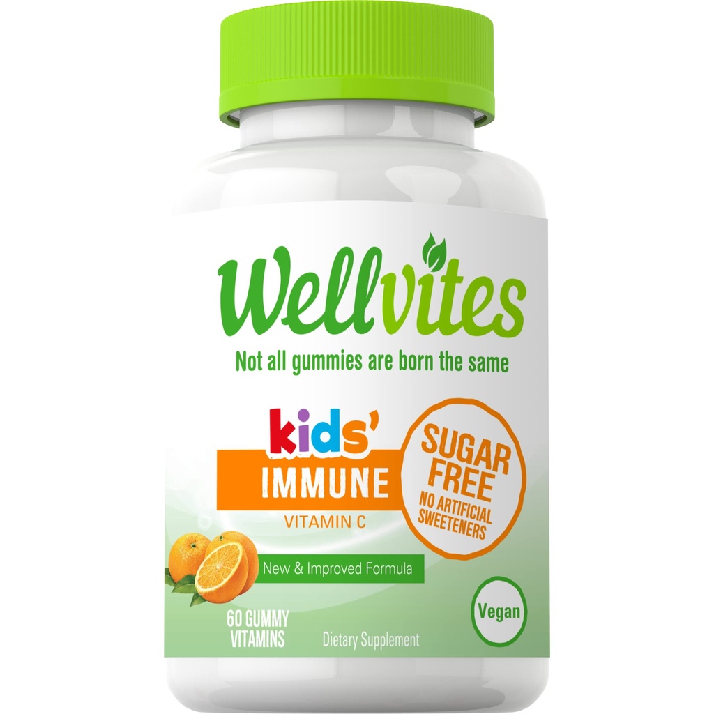 Wellvites Sugar Free Kids Immune Daily Gummy Vitamins - Vegan, Non-GMO - Çocuklar için C Gummies Immune Support, No Yapay Sweeteners, Gluten-Free, Gelatin-Free, 60 Count (30 Day Supply)