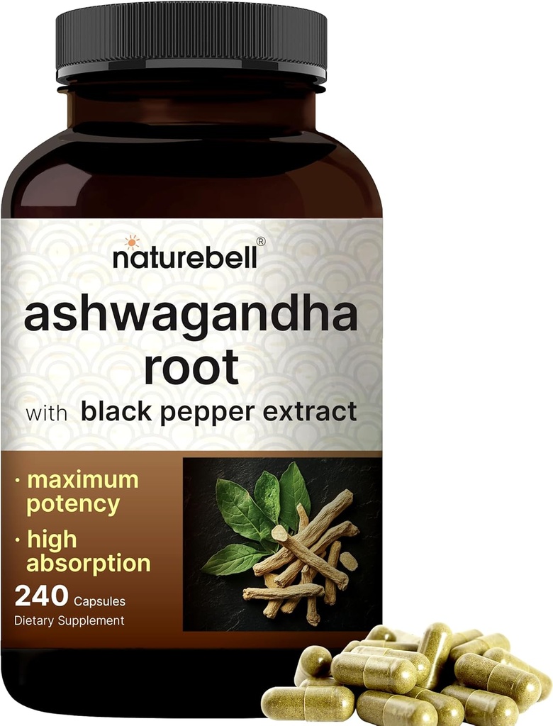NatureBell Ashwagandha with Black Pepper, 240 Capsules | High Abhidrasyon Kompleksi - Ekstra Güç Kökleri - Rahatlama için Adaptogens Supplements - Non-GMOMO