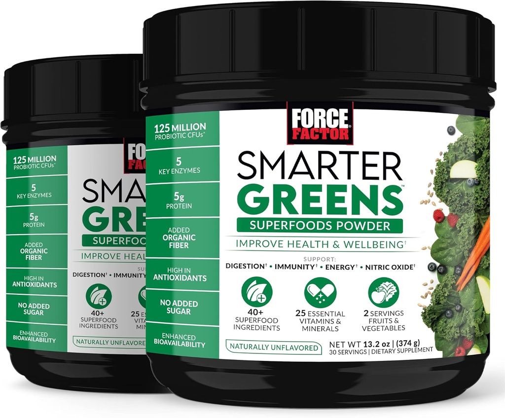 FORCE FACTOR Smarter Greens Superfoods σε σκόνη, 2-πακέτο, υποστηρίζει πέψη και αναρρόφηση, ασυλία, και την ενέργεια, Πράσινοι σκόνη με προβιοτικά, Digestive Ένζυμα, Αντιοξειδωτικά, και Fiber, 60 εξυπηρετούν