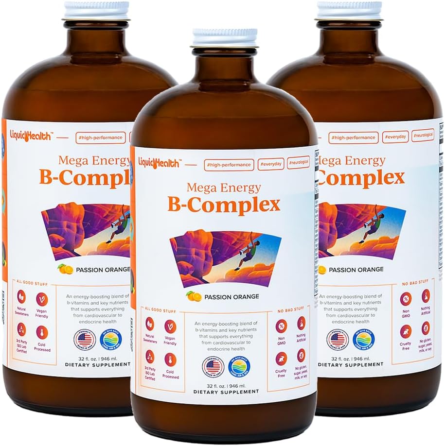 LIQUIDHEALTH Mega Energy Metilated B-Complex, Yetişkin Sıvı Vitamin Supplement - Enerjiyi artırmak, Stres ve Fatigue, Immune Support, Heart & Gut Health - Made in USA, Vegan, Sugar-Free (3 Pack)