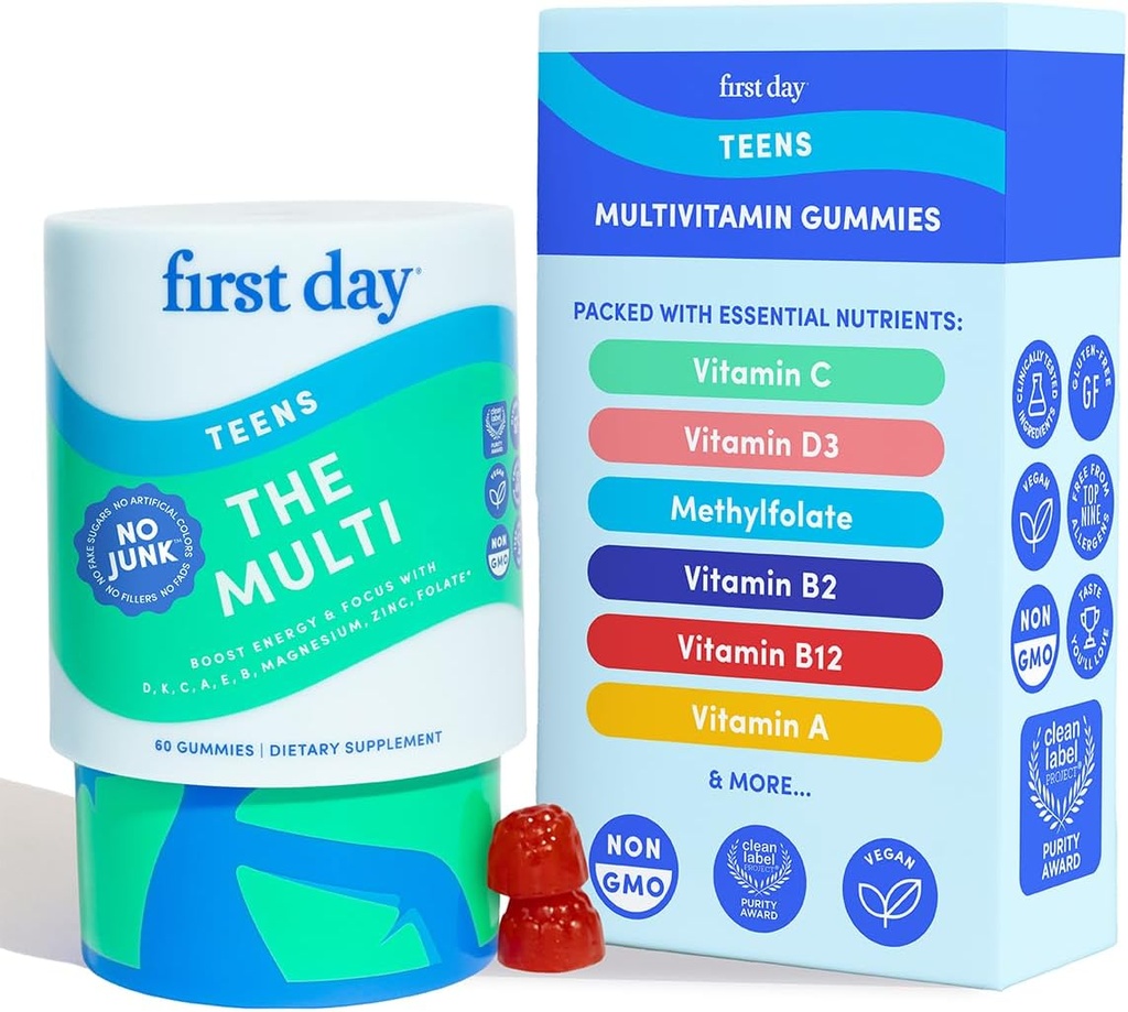Gençler için İLK GÜN Vitaminler - Kızlar ve Erkek 12-17, Organik Meyve & Veggie Mix - 12 Key Nutrients: Vitaminler A, B1, B2, B6, B9, B12, C, D3, E, K2-30 Day Supply