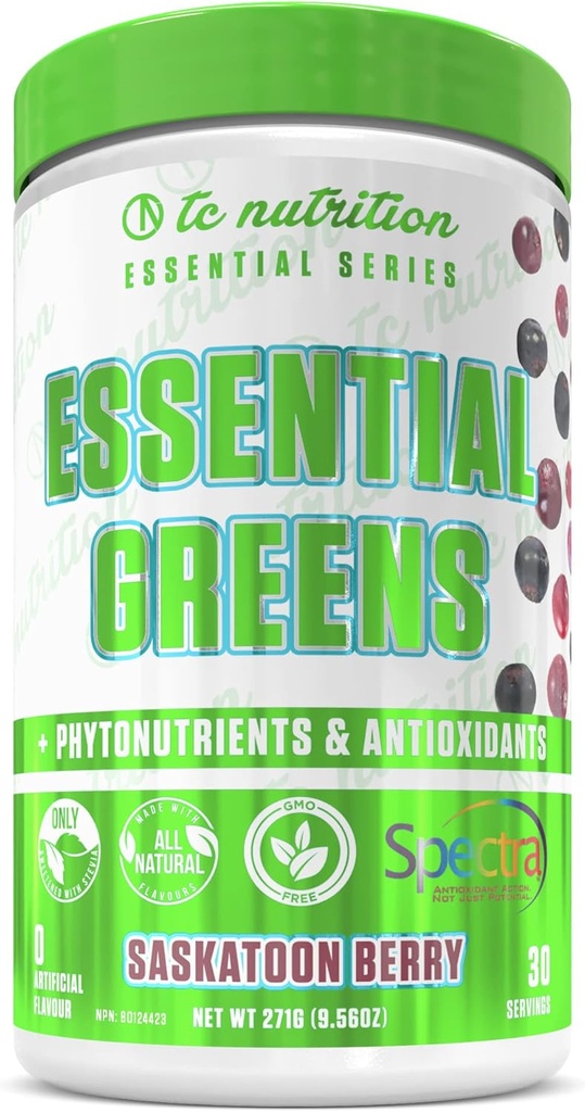 Essential Greens Toz | Sağlık + Enerji | Spectra, Organik Matcha, Spirulina, More | Probiyotiks & Digestion Support, Antioksis | Stevia Sweetized, Saskatoon Berry,30 Serv, Non-GMO, Vegan