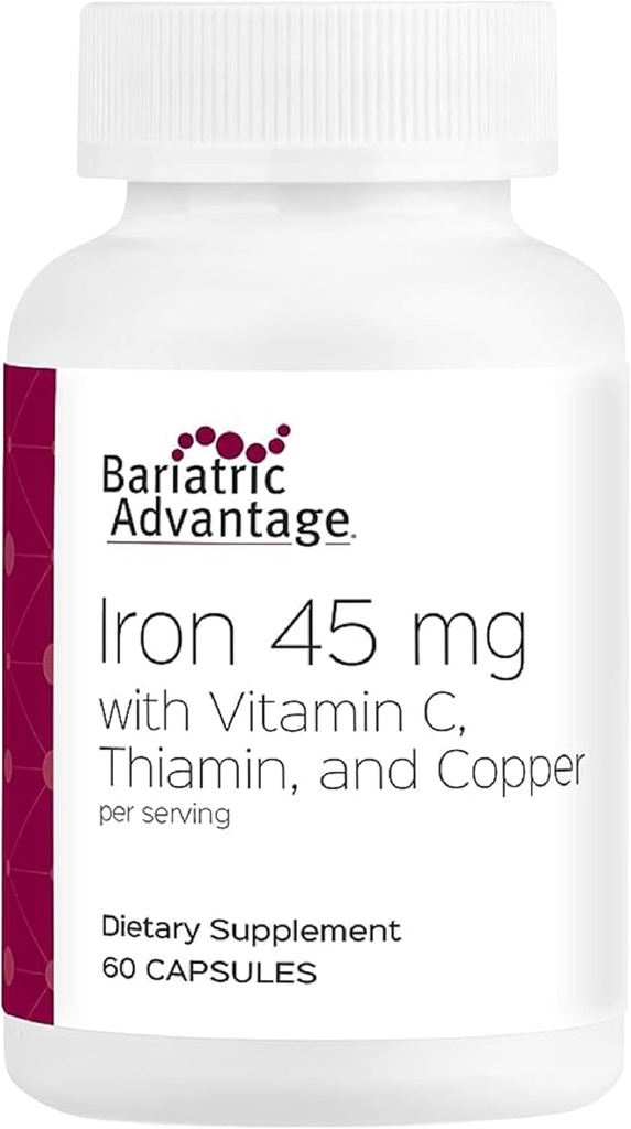 Bariatrik Avantajı C vitamini ile Demir 45 mg, Thiamin ve Bakır Artan Absorpsiyon ve Utilizasyon için, Gastrik Bypass ve Kol Gaztrektomi Cerrahisi Hastaları için kolayca uygulanabilir - 60 Kont