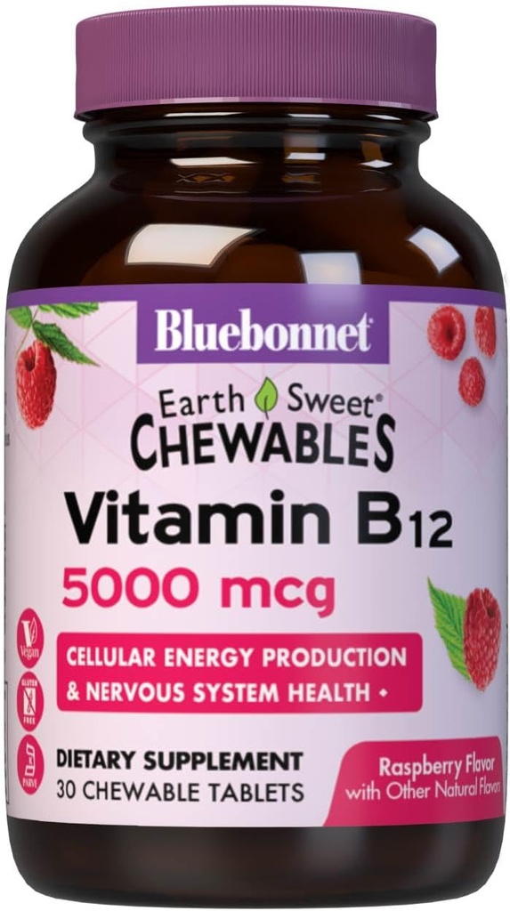 Bluebonnet Beslenme Dünya Tatlı B12 5000 mcg Chewable Tabletler, Soy-Free, Gluten-Free, Kosher Sertifikalı, Süt-Free, Vegan, Raspberry Flavored, 30 Chewable Tabletler, 30 Hizmetler