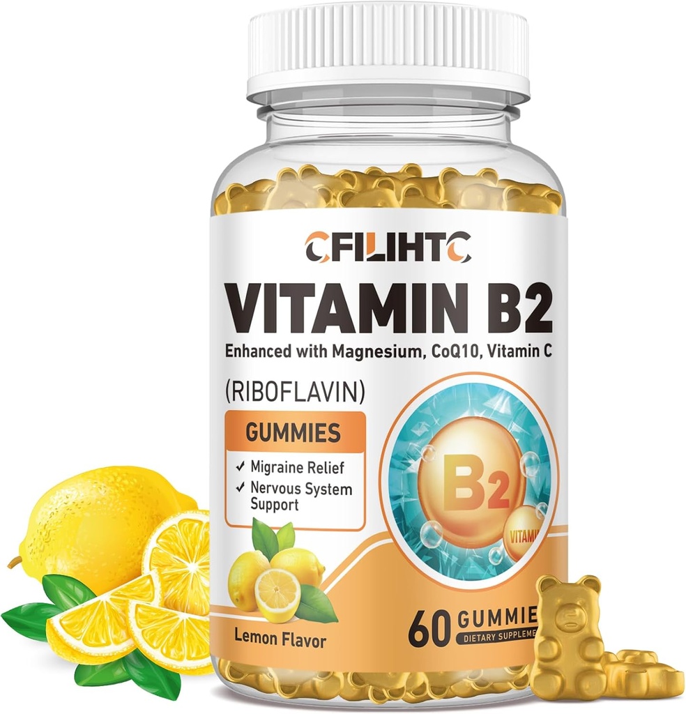 Βιταμίνη B2 Gummies Ριβοφλαβίνη 400mg συμπλήρωμα για παιδιά & ενήλικες - Μαγνήσιο Γλυκινικό, Ψευδάργυρος, CoQ10, Βιταμίνη B12 - Ημικρανία Ανακούφιση & Ενέργεια, Νευρικό Σύστημα Υποστήριξη, Ζάχαρη Χωρίς Λεμόνι Γεύση, 60ct