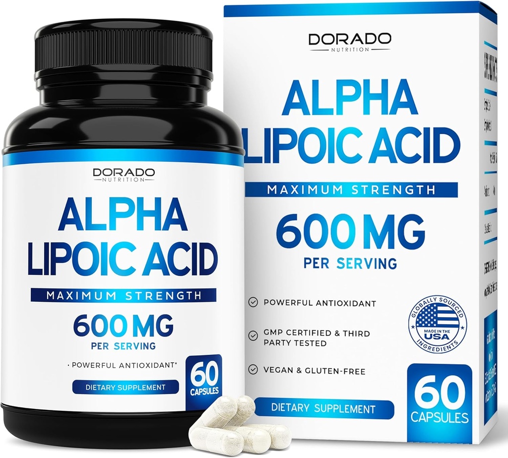 Alpha Lipoic Acid 600mg per Serving 60 Capsules - Potent Antioxidant for Neuropathy and Cardiovascular Health (ALA Supplement) - Third Party Tested, Non-GMO, Gluten Free, Vegan & USA Made