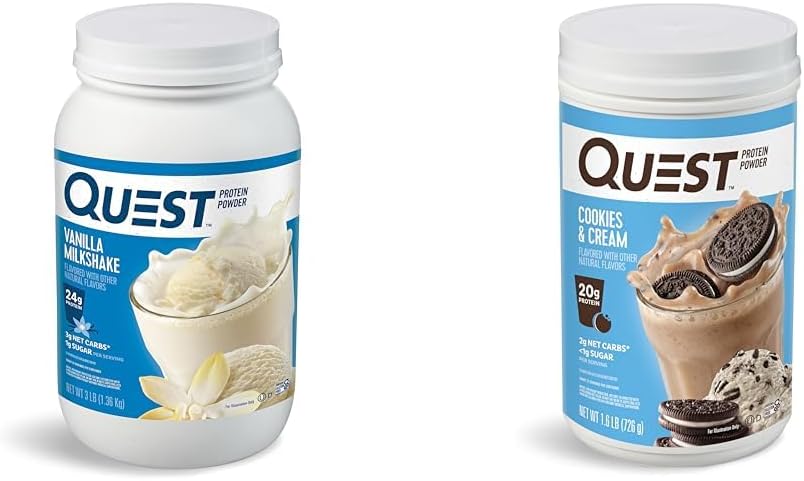 Quest Vanilla Milkshake 24g Πρωτεΐνη 3 Λίρες και Cookies & Κρέμα 20g Πρωτεΐνη 1,6 Λίρες Σκόνες