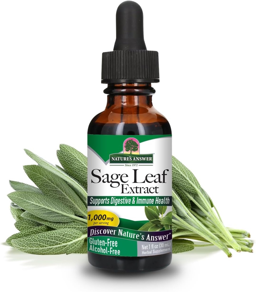 Nature's Answer Alkol Free Sage Leaf Supplement 1 Akışkanlar Ounce Gluten Free | Digestive Support | Discovers mental Function | Faydaları Gut Health