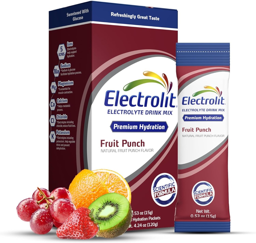 Electrolit Electrolytes Powder Packets, Fruit Punch 8 Pack, Powdered Hydration Packets for Dehydration & Rehydration, Post Workout Flavored Hydrating Drink Mix, Gluten Free Daily Water Enhancer Sticks