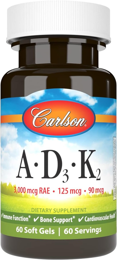 Carlson - Βιταμίνες A, D3, K2, 3000 mcg RAE Βιταμίνη A, 125 mcg Βιταμίνη D3, 90 mcg Βιταμίνη K2 ως MK-7, Κτίριο οστών, Χρήση ασβεστίου, 60 μαλακά γέλη