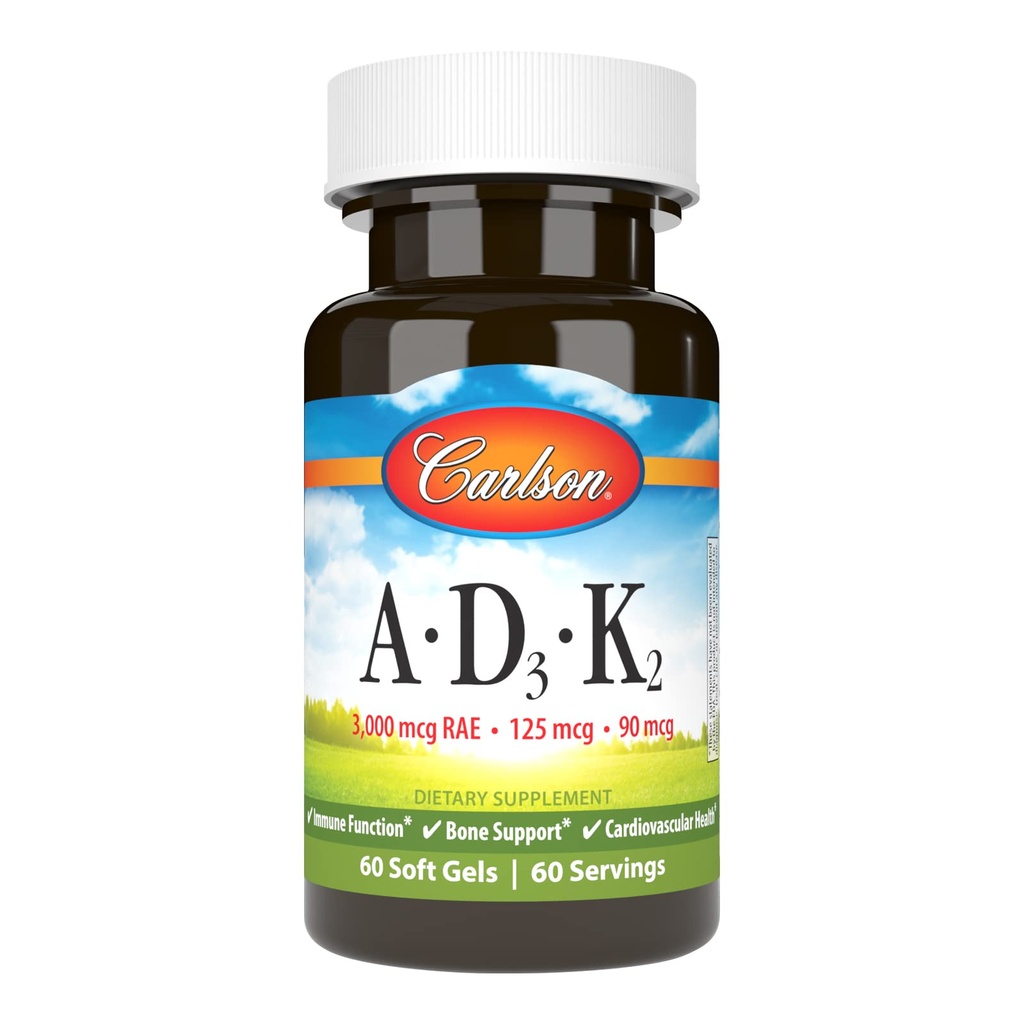 Carlson - Vitaminler A, D3, K2, 3000 mcg RAE Vitamin A, 125 mcg D3, 90 mcg K2 MK-7, Bone Building,uba Utilization, 60 Soft Gels