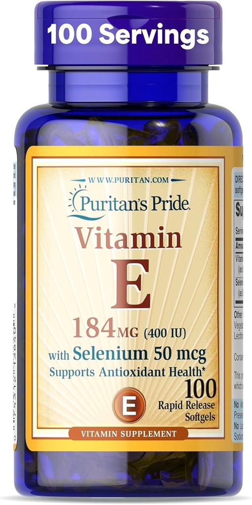 Puritan's Pride Vitamin E 184mg (400 IU) με σελήνιο 50mcg, συμπλήρωμα βιταμίνης για ανοσοποιητικό σύστημα και αντιοξειδωτική υποστήριξη υγείας, 3 μήνες προσφοράς, 100 Softgels ταχείας απελευθέρωσης