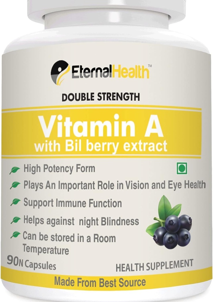 Eterna.l-Sağlık A (Çift Güç) Bilberry Ekstraksiyonları ve Retinyl Palmitate Ekstra Potency Formları - Sağlıklı Vizyon ve Immune Sistemi ve Sağlıklı Büyüme - 90 Veg Capsules