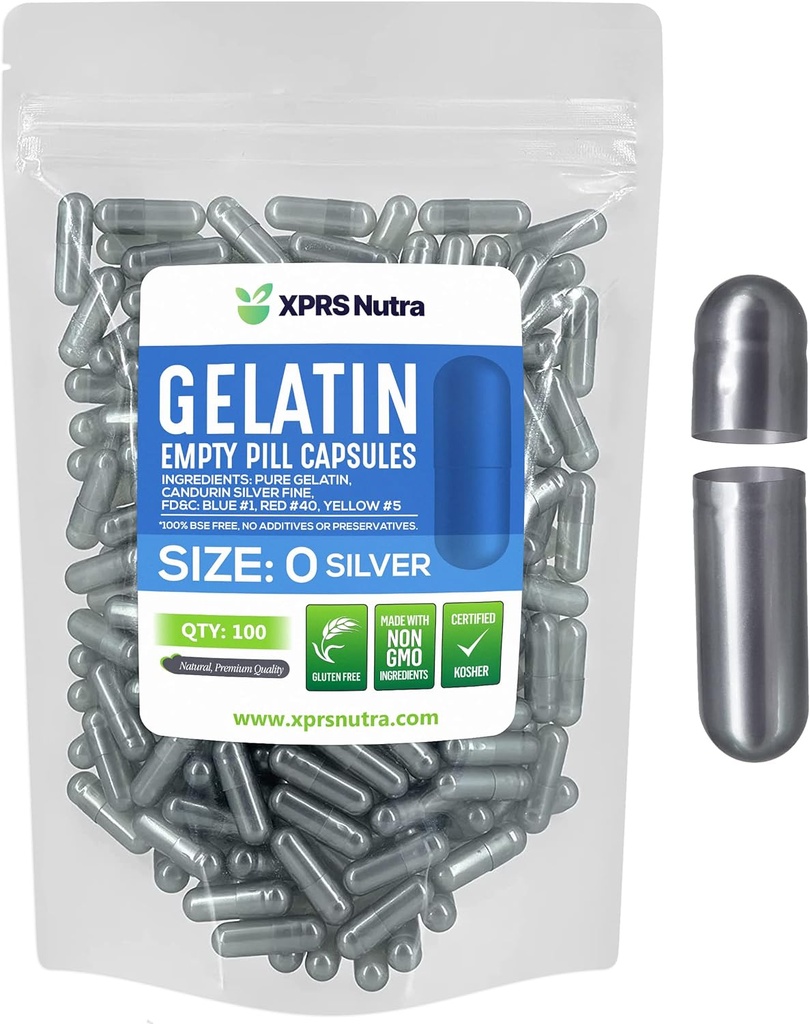 XPRS Nutra Μέγεθος 0 Κενές κάψουλες - 100 Count Empty Gelatin Κάψουλες - Χάπια DIY Καψάκιο Γέμισμα - Καθαρά Καπάκια τζελ Μπόβιν Χάπια για Συμπληρώματα Do-It-Yourself (Ασημί)