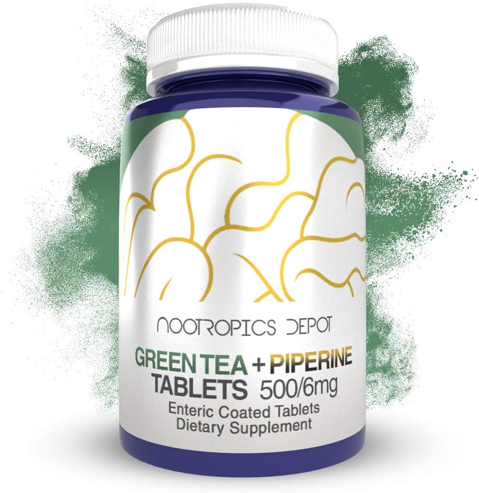 Nootropics Depot Yeşil Çay Ekstra Tabletleri | 60 Kont | 500 mg | En Az% 45 EGCG + 6 mg Piperine | Enteric cover