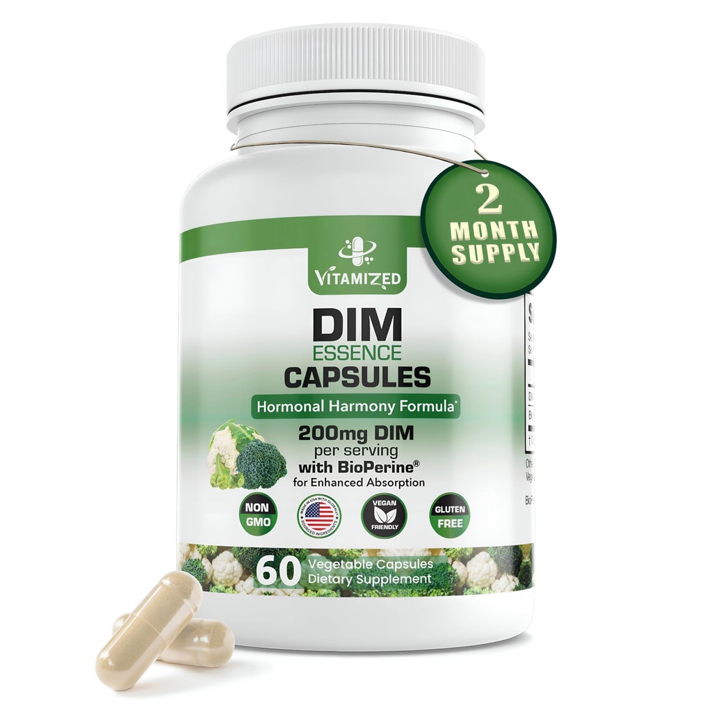 Dim Estrogen Supplement for Hormon Harmony & Skin Health, 2 Ay Supply - 200 mg Diindolylmethane for Metabolism Balance, Menopause, Mood Support w Bioperine for Higher Abxia