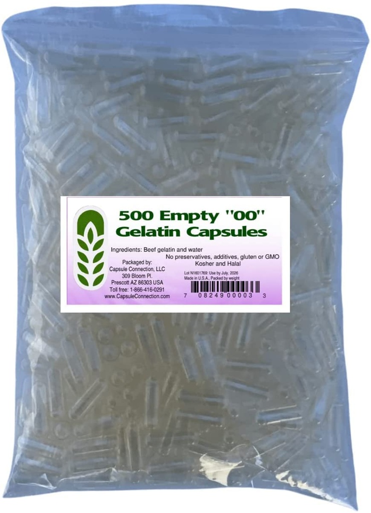 Capsule Connection USA-MADE 500 Bulk Empty Gelatin Capsules, 00 Size resealable bag