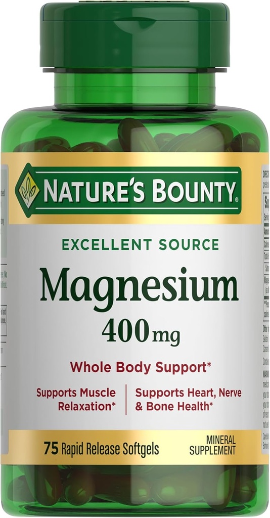 Nature's Bounty Magnezyum 400 mg Softgel, Whole Body Support, Magnezyum Supplements for Men and Women, Heart, Nerve & Bone Health, 75 Softgels (kampiyon 1)