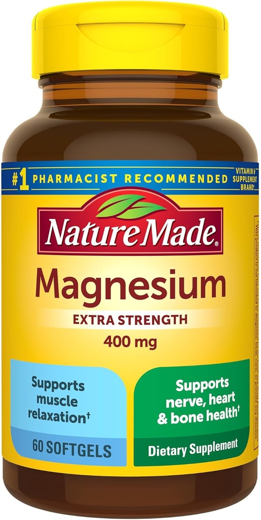 Nature Made Magnesium Oxide 400 mg Softgels, Extra Strength Magnesium Συμπληρώματα για άνδρες και γυναίκες, Υποστήριξη για τους μυς, τα νεύρα, τα οστά και την καρδιά, 60 ημέρες προσφοράς