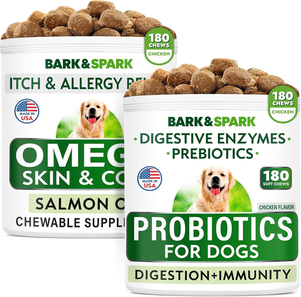 Dog Probiyotiks Chews + Omega 3 for Dogs Sche - Gas, Diarrhea, Constipation, Upset Stomach Relief + Alerji ve Itch Relief - Digestive Enzymes + Prebiyotiks + Omega 3 - Skin and Coat Support
