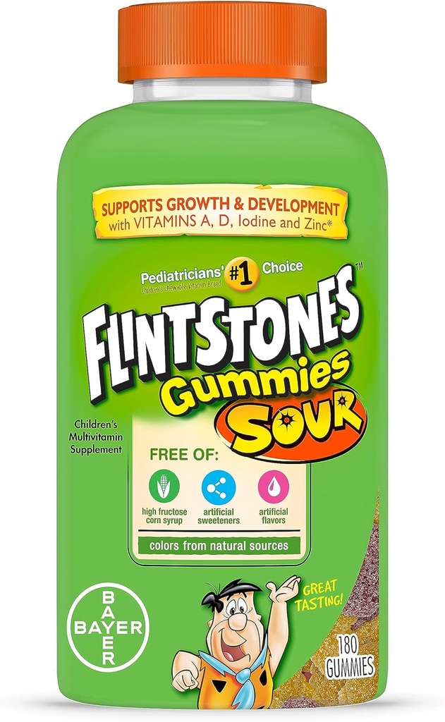 Flintstones Sour Gummy Vitamins For Kids, Kids Multivitamin Gummies with Vitamins C, B6, B12, A & Vitamin D, Support Kids ve Development, 180 Count Count