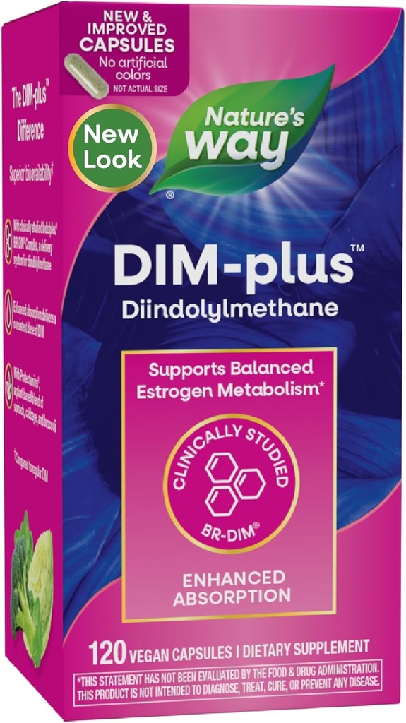 Nature's Way DIM-Plus, DIM Supplement, Supports Balanced Estrogen Metabolism*, Supports Estrogen Hormon Dengesi*, Diindolylmethane, 120 Vegan Capsules