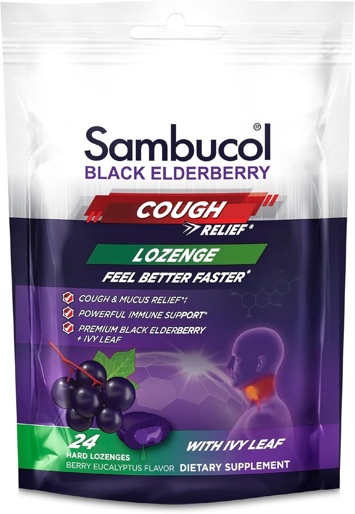 Sambucol Black Elderberry Cough Relief Lozenges - Cough Drops for Adults, Sambucus Elderberry Lozenges, with Ivy Leaf, Cough & Mucus Relief, Immune Support, Berry Eucalyptus - 24 Count, 1 Pack