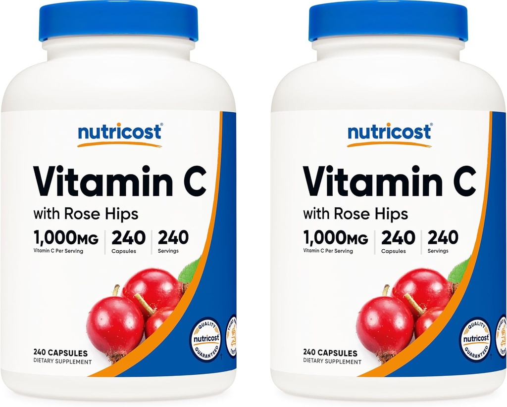 Gül HIPS 1025 mg ile Nutricost Vitamin C, 240 Capsules (2 Şişe) - Premium Non-GMO, Gluten Free C Supplement C Supplement