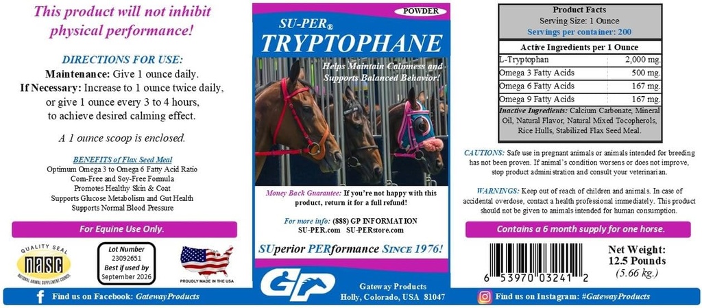 SU-PER Tryptophane Horse Calming Supplement - Maintain Calmness and Supports Balanced Behavior - 12.5 Pounds, 6 Month Supply