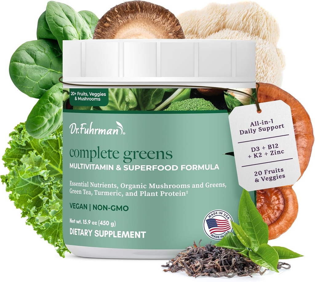 Dr. Fuhrman Whole Food Greens Toz | Premium Greens Superfood Toz Multivitamin | Plant Based Protein for Immune Support & Gut Health | Organik Mushrooms, Greens, & Turmeric | Vitamin B12, D3, K2
