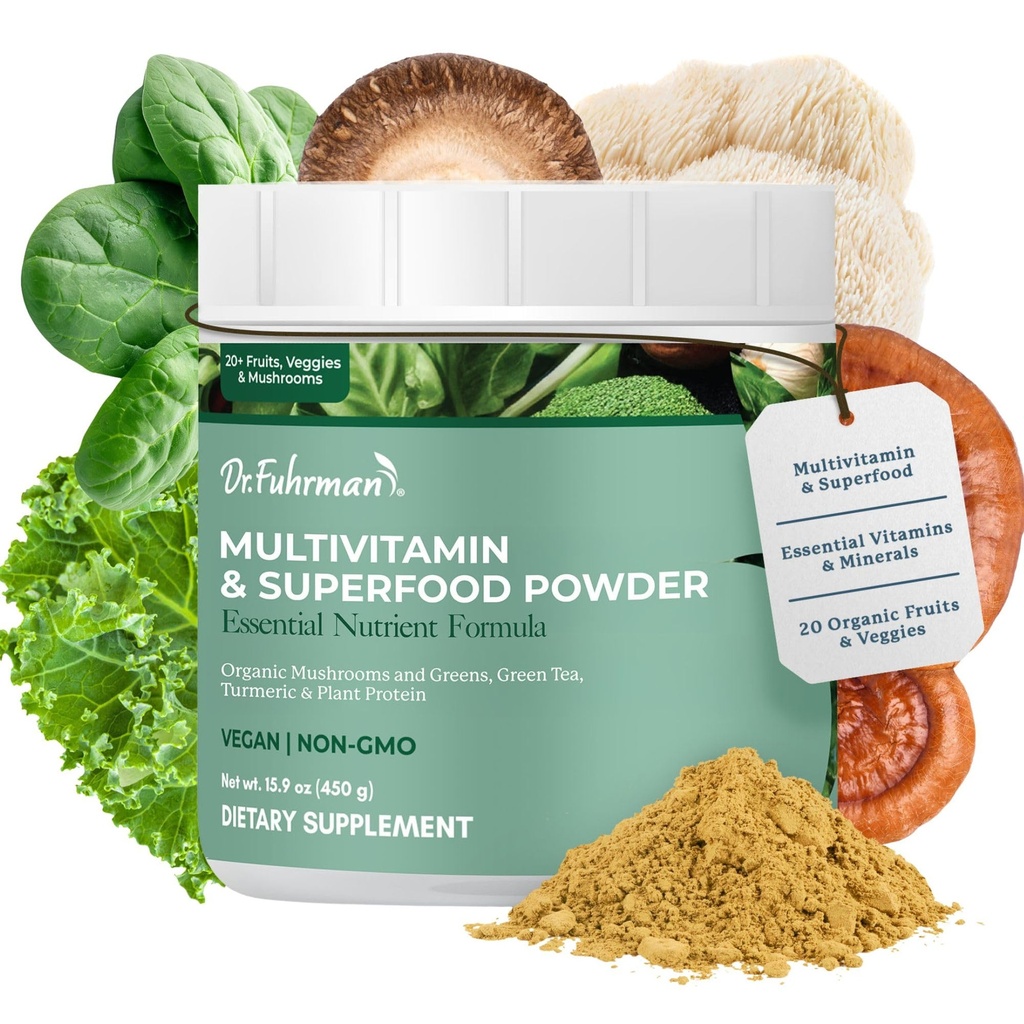 Dr. Fuhrman Whole Food Greens Toz | Premium Greens Superfood Toz Multivitamin | Plant Based Protein for Immune Support & Gut Health | Organik Mushrooms, Greens, & Turmeric | Vitamin B12, D3, K2