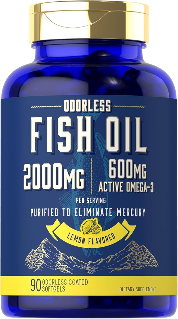 Carlyle Fish Oil 2000 mg | 600 mg Omega 3 Supplement for Men & Women | 90 Odorless Softgels | Lemon Flavored | Non-GMO ve Gluten Ücretsiz