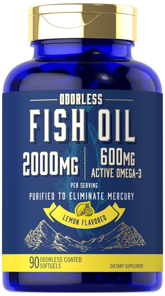 Carlyle Fish Oil 2000 mg | 600 mg Omega 3 Supplement for Men & Women | 90 Odorless Softgels | Lemon Flavored | Non-GMO ve Gluten Ücretsiz