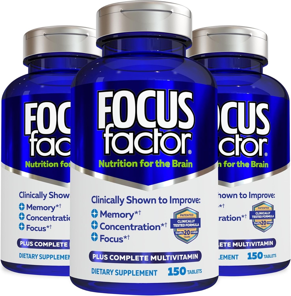 Focus Factor Nutrition for The Brain, Improved Memory & Concentration Brain Supplement, Complete Multivitamin with Vitamins B6, B12, D, Bacopa Monnieri & Tyrosine, 150 Count (Pack of 3)