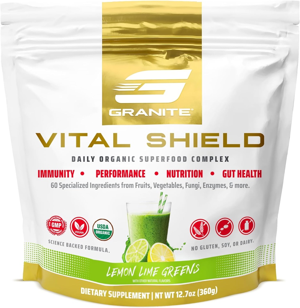 Γρανίτης Διατροφή Vital Shield - USDA Βιολογικά Superfood Πράσινα με Μανιτάρια & Ταρτ Cherry – Υποστηρίζει την ενέργεια, την ανοσοποιητική λειτουργία & Digestive Υγεία – Λεμόνι Lime Γεύση (30 υπηρεσίες)