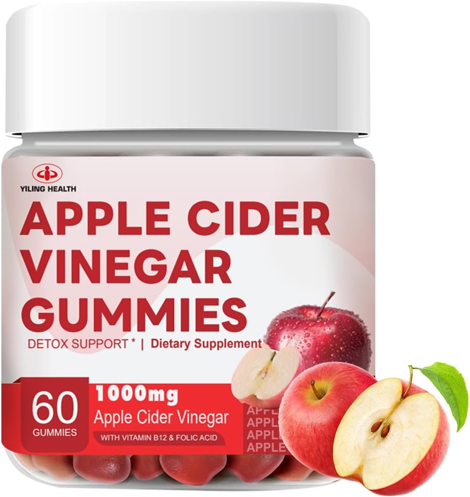 YiLing I improve Sour-Sweet Taste Apple Cider Vinegar Gummies - 1000 mg -Former to Support Immune Health Normal Enerji Seviyeleri & Gut Health- Apple Flavor Gummies Enriched B12 / B6 / Arıtroot
