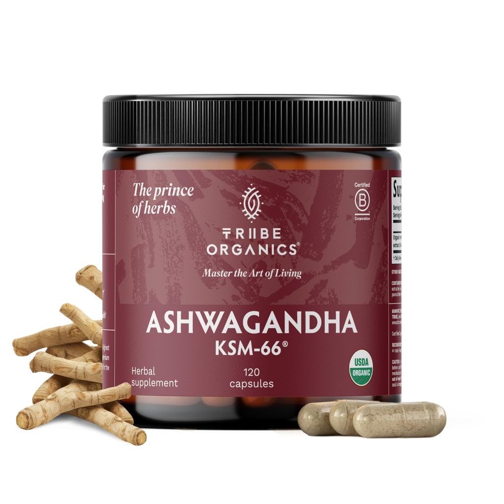 TRIBE ORGANICS Ashwagandha KSM 66 καθαρό οργανικό εκχύλισμα σκόνης ρίζας Ayurvedic συμπλήρωμα - Εστίαση, υποστήριξη διάθεσης, αύξηση ενέργειας, δύναμη, 600mg φυσικό KSM66 για ανώτερη απορρόφηση - 120 κάψουλες