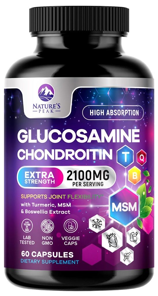 Συμπληρώματα MSM της γλυκοζαμίνης Chondroitin 2100mg - με θειική γλυκοζαμίνη, Turmeric, Boswellia, Quercetin & Bromelain – Περισσότερη ευελιξία της φύσης, κινητικότητα & κοινή υποστήριξη, 60 κάψουλες