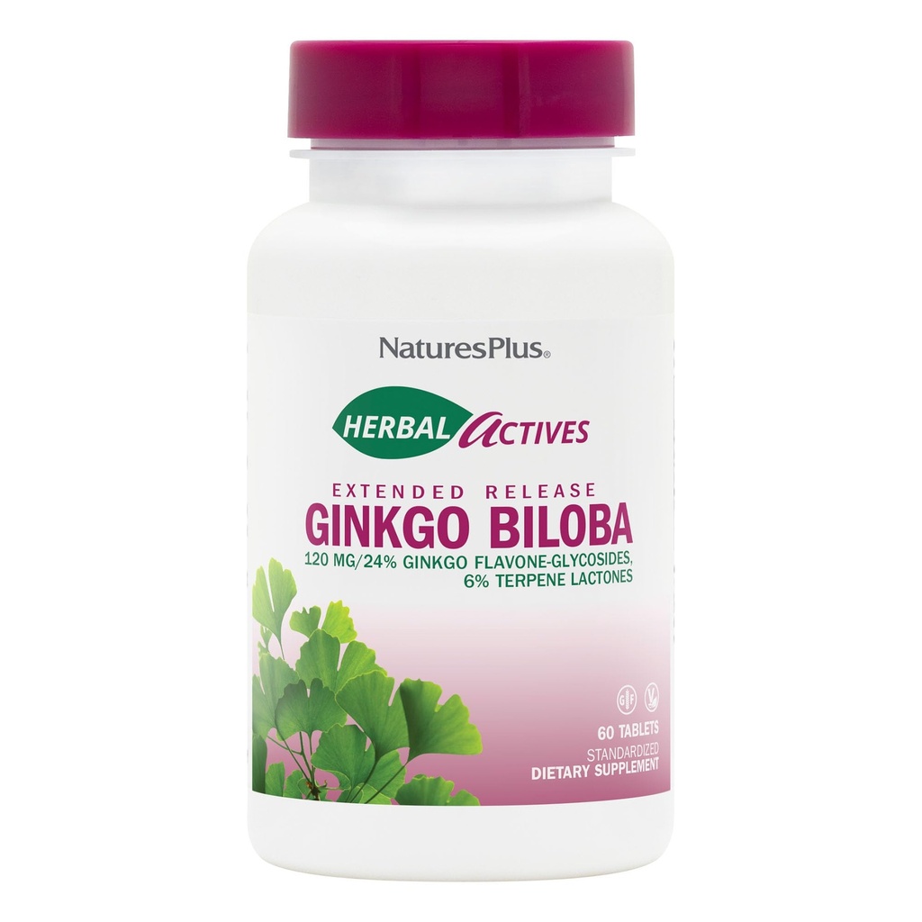 Natures Plus Herbal Actives Ginkgo Biloba, Extended Release - 120 mg, 60 Vegan Tablets - Χορτοφαγικά, Χωρίς Γλουτένη - 60 Σερβιέτες