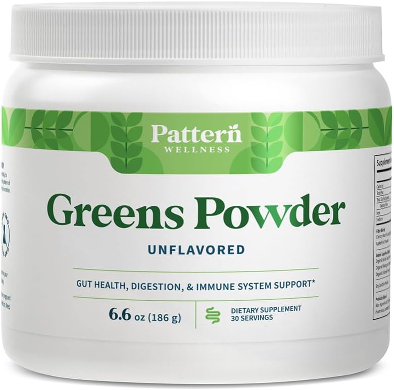 Pattern Wellness Greens Toz Superfood – Antioksi, Digestive Enzyme, Fiber, Probiyotik & Adaptogen Mixs – Supports Gut, Digestive & Immune Health – 30 Hizmet - 6.6 oz (Unflavored)
