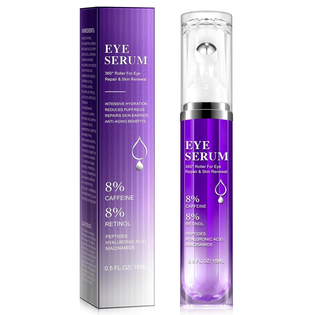 Eye Roller Serum -% 8 Caffeine & 8% Retinol Eye Cream for Dark Circles, Puffness ve Çanta, Puffy Bag Fine Lines Wrinkles, 360° Masaj Ball Cream, Hyaluronic Acid Serum for Men & Women