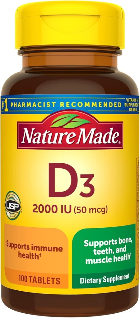 Nature Made Vitamin D3 2000 IU (50 mcg), Vitamin D συμπλήρωμα για οστά, δόντια, μυών και ανοσοποιητική υποστήριξη υγείας, 100 δισκία, 100 ημέρες προσφοράς