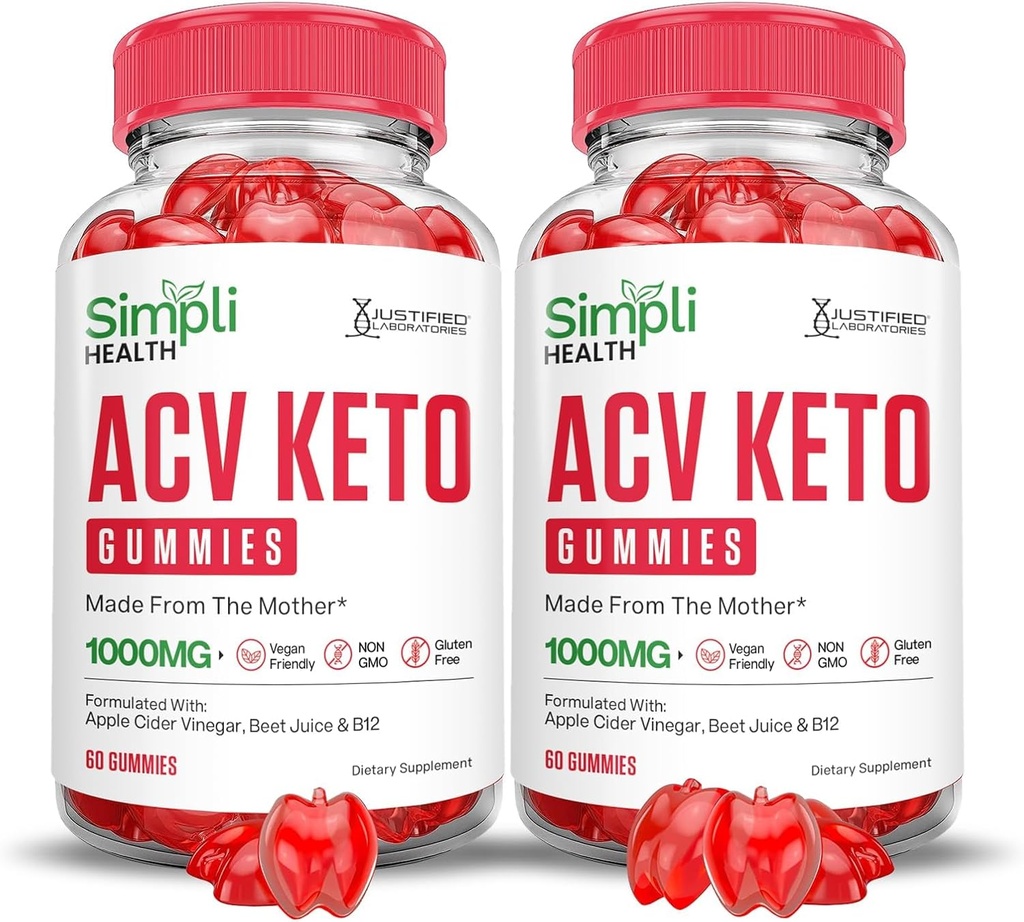Justified Laboratories (2 Pack Simpli Health Keto ACV Gummies Advanced Formula 1000MG Μηλίτης μηλίτη μήλου με σκόνη χυμού βότανου ρόδι B12 Vegan Non GMO 120 Gummys
