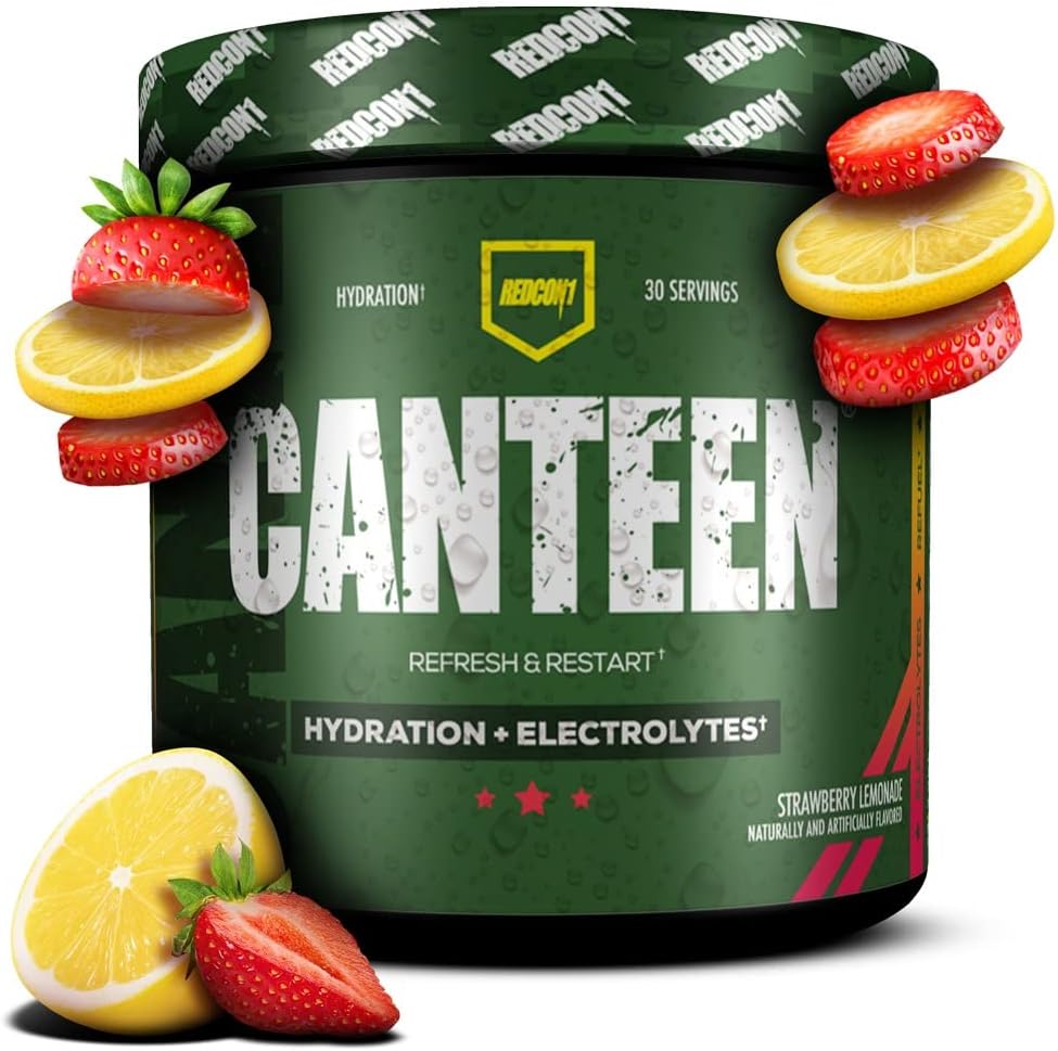 REDCON1 Canteen Hydration + Electrolytes, Strawberry Lemonade - Ηλεκτρολυτική Πόση σε σκόνη με Β Βιταμίνες + Ορυκτά για Ανάκτηση - Καρύδα Νερό σε σκόνη & Υαλουρονικό Οξύ για Ενυδάτωση (30 Σερβιέτες)