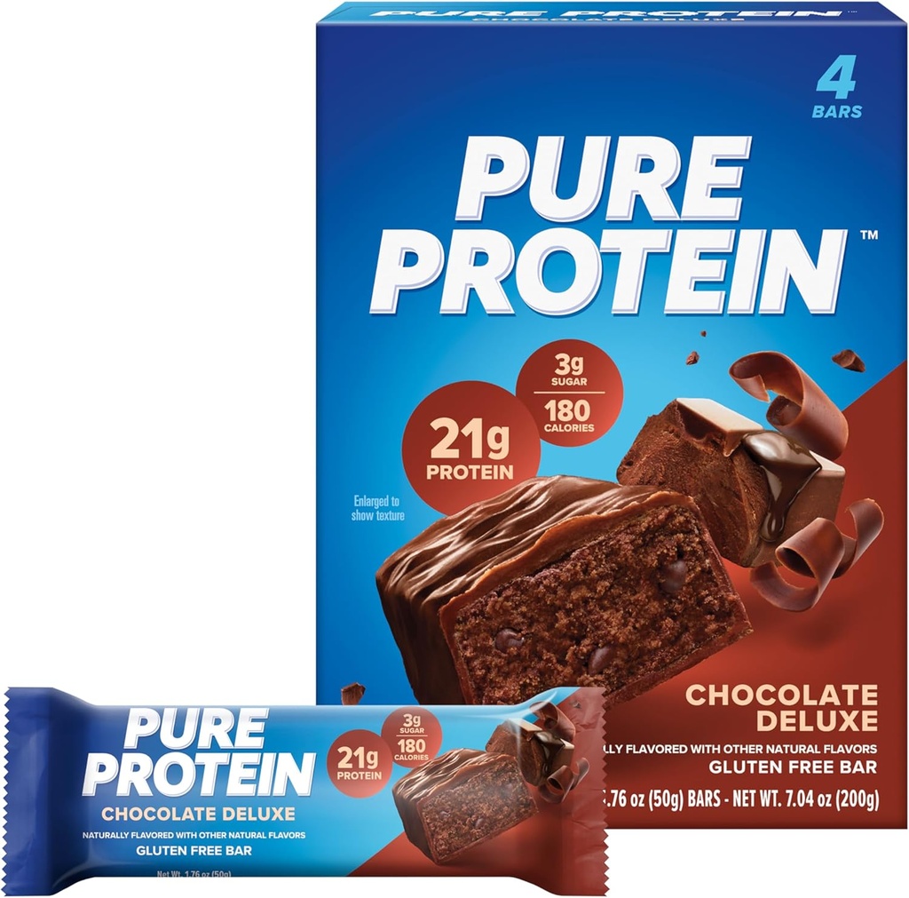 Pure protein Bars, Yüksek Protein, Nutritious Snacks to Support Energy, Low Sugar, Gluten Free, Chocolate Deluxe, 1.76 oz., 4 Paket