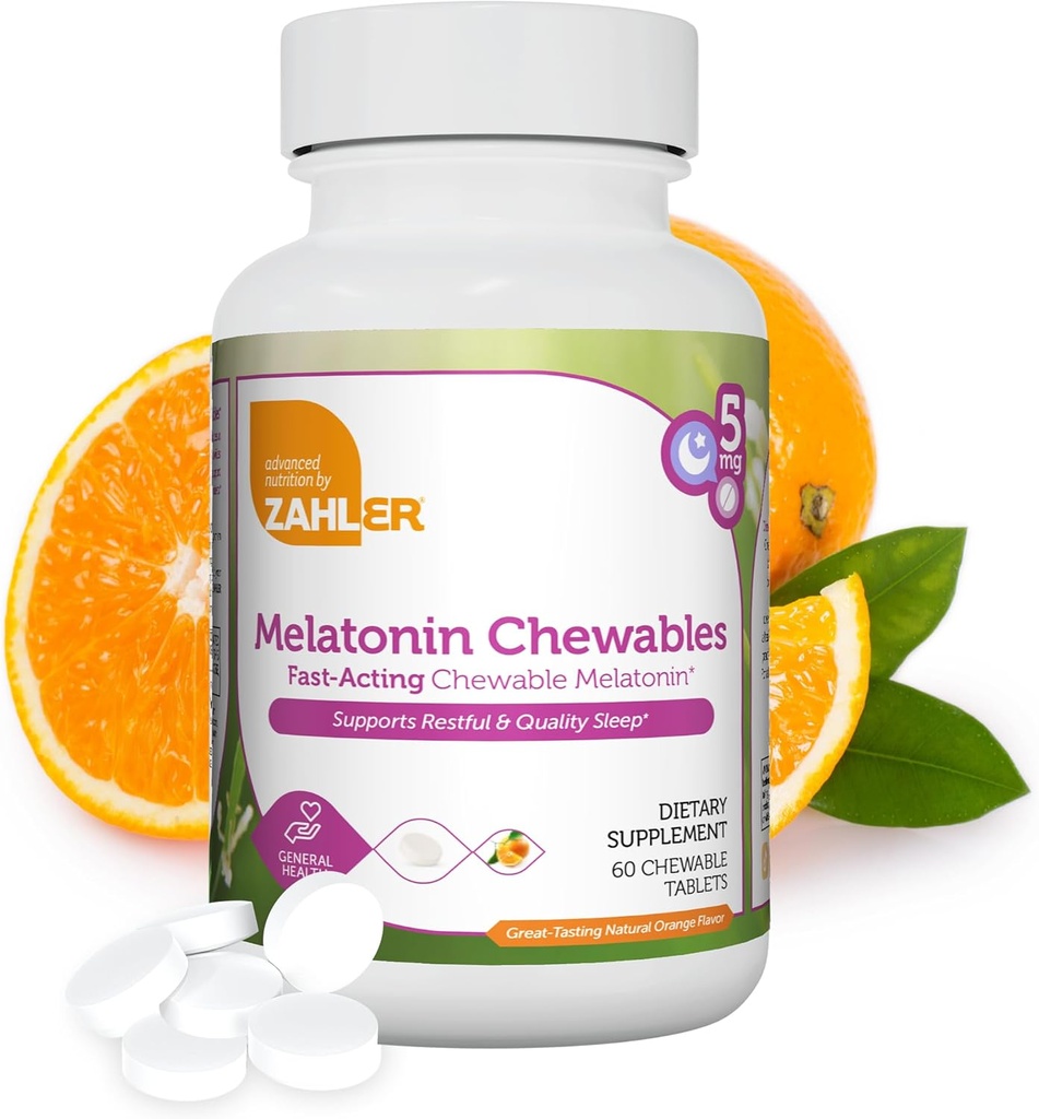 Zahler Melatonin 5mg Tablets - Ταμπλέτες μασώμενης μελατονίνης ταχείας δράσης 5 mg - Νόστιμο Πορτοκαλί Γεύση - Υποστηρίζει Ξεκούραστο και Ποιοτικό Ύπνο - Kosher Non GMO Made in USA Dietary Supplement, 60 Count