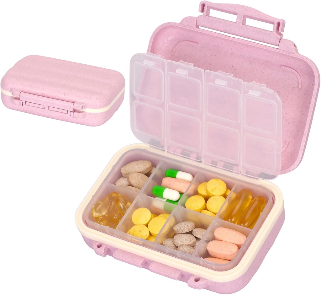 Nature Sound Pill Organizer Weekly, 8 Karşılaştırmalı Gıda Notu Malzeme Seyahat Pill Box with BPA Free for Medicine, Supplement, Vitamin, Fish Oil, Pink