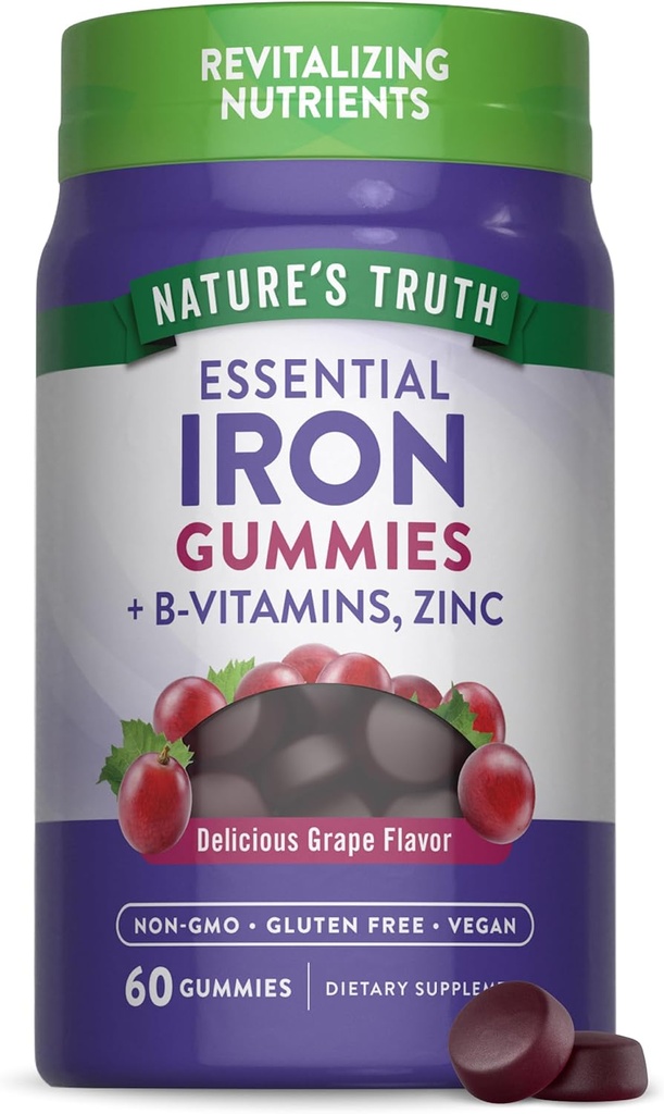 Nature's Truth Iron Gummies | 60 Count | Vegan, Non-GMO & Gluten Free Supplement | çinko & B Vitaminleri ile | Grape Flavor